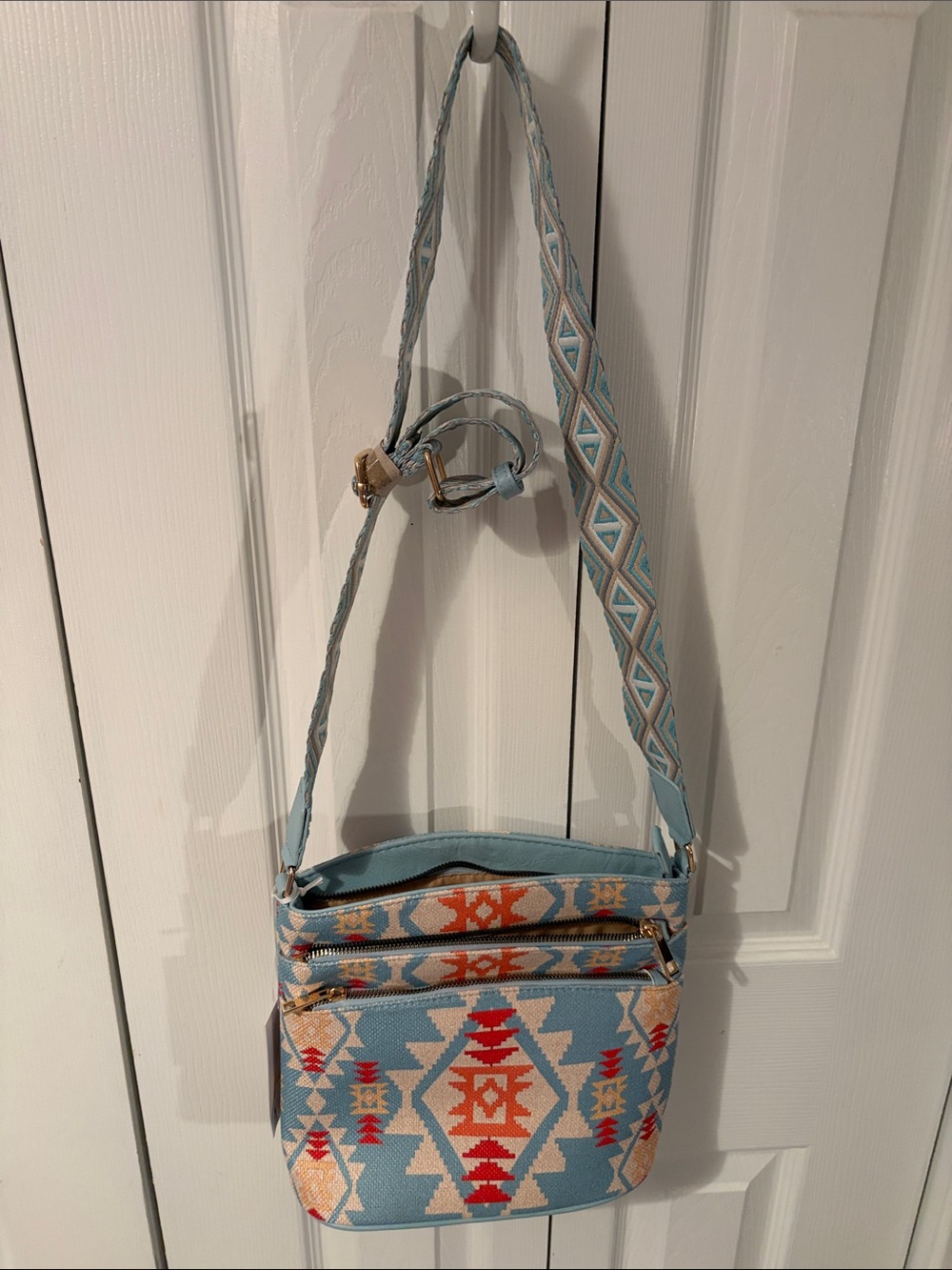 NWT- Light Blue Aztec Crossbody Bag with Adjustable Strap